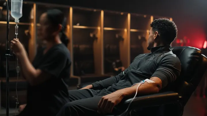 Athlete resting in a locker room recovery chair with an IV line