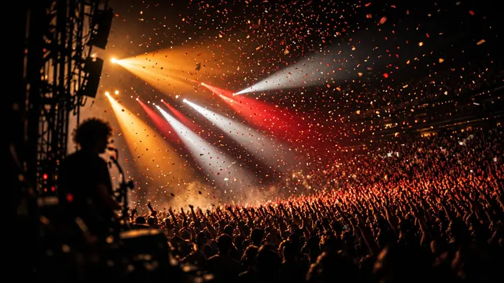Arena crowd under crimson and amber stage lights