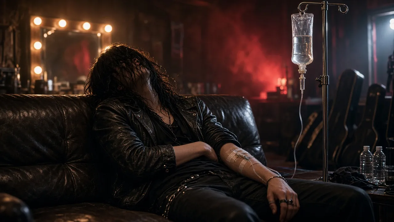 Musician resting on a leather sofa in a green room with an IV drip