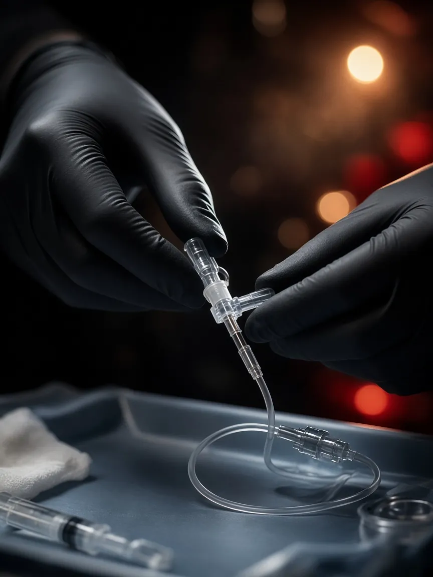 Gloved hands preparing an IV catheter on a sterile tray