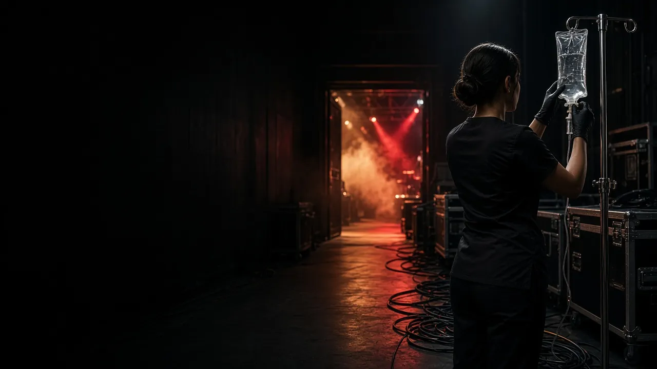 Nurse in black scrubs adjusting an IV bag in a backstage arena corridor, stage lights glowing through haze