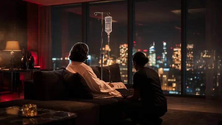 Guest relaxing with an IV drip in a penthouse suite at night